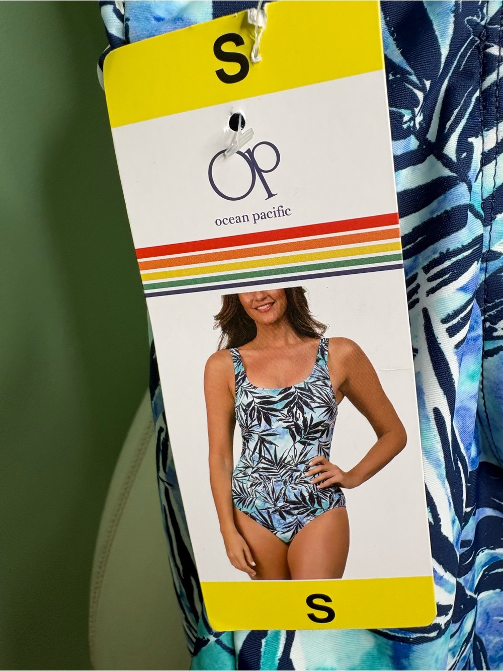 OP Women’s Blue & Teal Tropical Leaf One-Piece Swim Bodysuit - Picture 4 of 4
